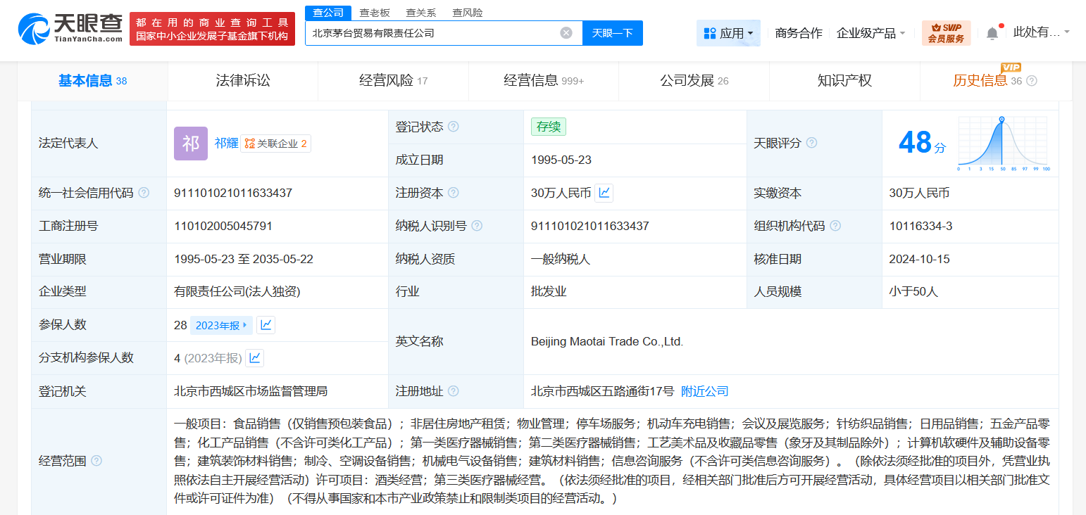 茅台旗下北京贸易公司现经营异常 涉及租赁计算机及辅助设备